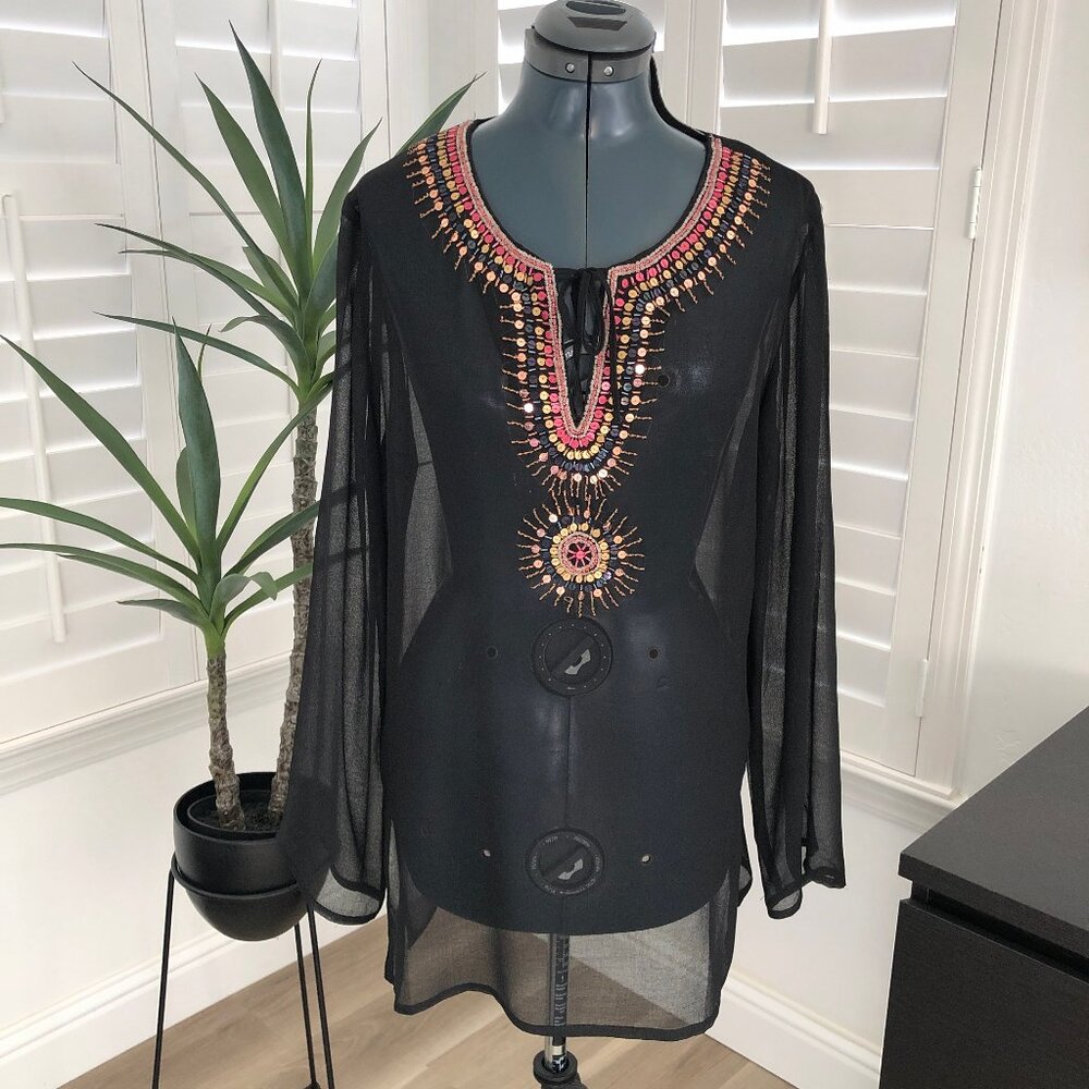 Black Sheer Swimsuit Beach Coverup with Sequins and Bead Embellishments